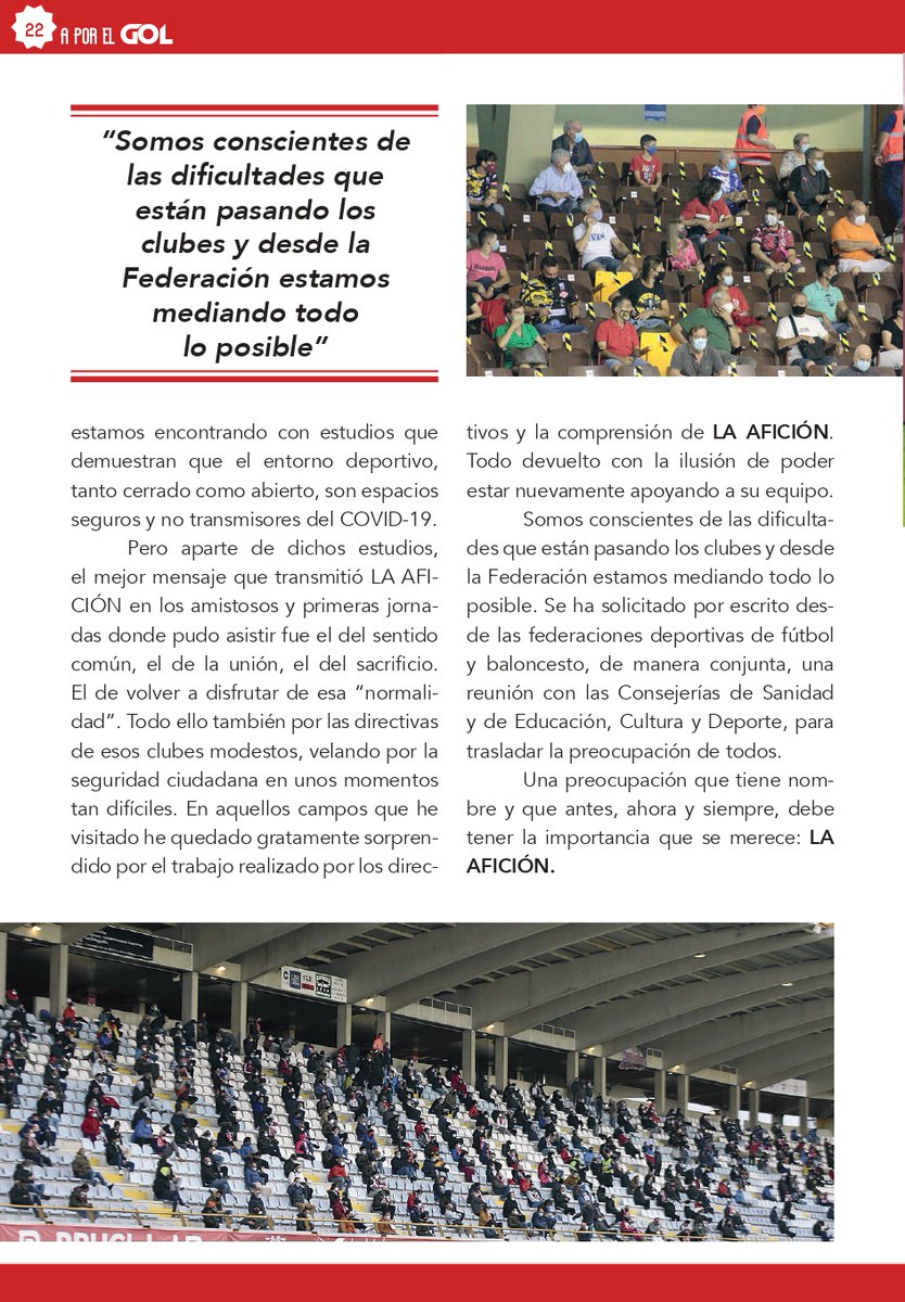 🗞 PRENSA / El presidente <a href="/BurilloCabanero/">Pablo Burillo Cabañero</a> es la firma invitada de <a href="/rev_aporelgol/">Revista A POR EL GOL</a> 

👉🏻 Las Federaciones estamos mediando para que vuelva el PÚBLICO

👉🏻 Debemos dar un voto de confianza a CLUBES y AFICIÓN. Es un sacrificio que se compensa con la ilusión de ver deporte

#somosCLM