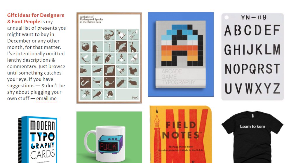 ilovetypography's tweet photo. My gift list for designers (and font people):

https://t.co/E2WTfAD36J

{Shout if you have something to add. Don't be shy about recommending your own stuff!) https://t.co/ejKXj8aZ3R