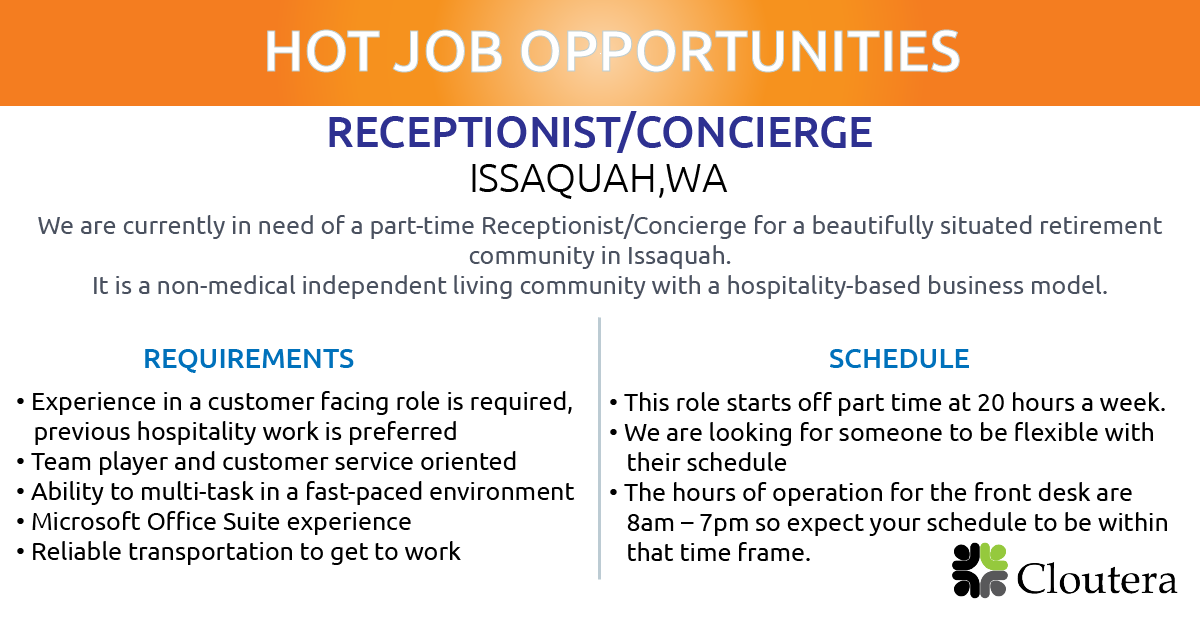 #Hiring Receptionist/Concierge- #Issaquah #WA
If interested, please email your updated resume to
Corina Rodriguez (corina@cloutera.com)
#recruiting #coorfinator #jobs #Cloutera