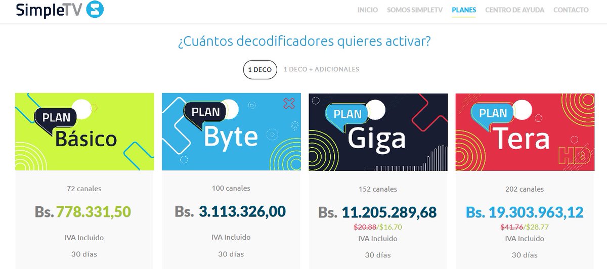 BajoLaLupaInfo's tweet photo. #HoyEsNoticia Hasta el #15Dic será gratis Directv. Luego cambia de nombre a Simple TV, 👇planes mensuales 
Plan Básico: 778.331,50 Bs, 72 canales,
Plan Byte: 3.113.326 Bs, 100 canales
Plan Giga:11.205.289,68 bolívares, 152 canales
Plan Tera, 19.303.963,12 Bs, 202 canales #18Nov https://t.co/fg2dSoU2Pr