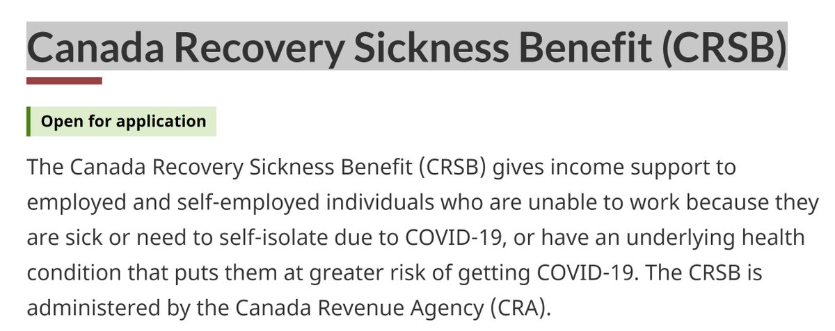 Please share...

If you're sick or you need to self-isolate due to COVID, the Canada Recovery Sickness Benefit (CRSB) provides up to 2 weeks of benefits @ $450 per week. This benefit applies to those employed and self employed #COVID19SK <a href="/worksafesask/">WorkSafe Sask</a>  

canada.ca/en/revenue-age…