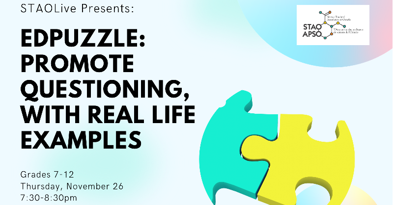 staoapso's tweet photo. Grade 7-12 #science Ts and #STAO members: Don't forget to join us Thur Nov 26 @ 7:30 with @lalaknetsch for our next #STAOLive event! Learn about incorporating the #Edpuzzle app into your #science classroom. Register here: https://t.co/b4eQpdSKVQ