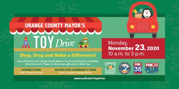 OrangeCoParksFL's tweet photo. Time for @OrangeCoFL @OCFLMayor's Toy Drive! Shop for gifts for infants, youth & teens; then drive-thru to drop off @OrangeCoParksFL's #SilverStarRec or #DowneyPark on Monday 11/23, 10am-3pm!
Info https://t.co/7bAbjM28jY
Since 2011 Parks & Rec has collected nearly 10,000 gifts! https://t.co/QpLcxdOzsW