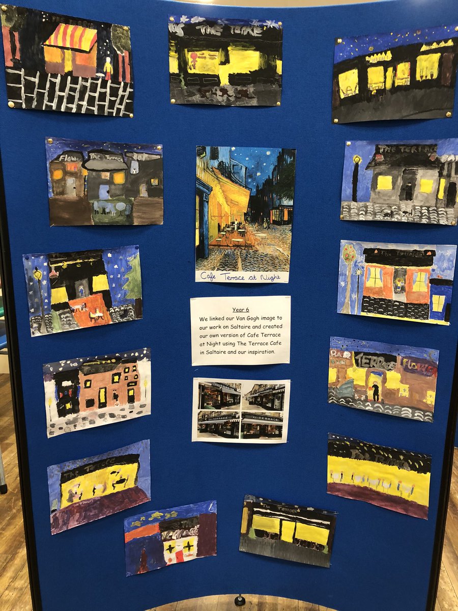 MissAustick's tweet photo. Super proud of how these turned out for our Take One Artist Gallery. We used Van Gogh’s Cafe Terrace at Night as inspiration and created our own version using The Terrace Cafe in Saltaire. #Takeoneartist #VanGogh @stanneskly https://t.co/cLUZoVxDr9