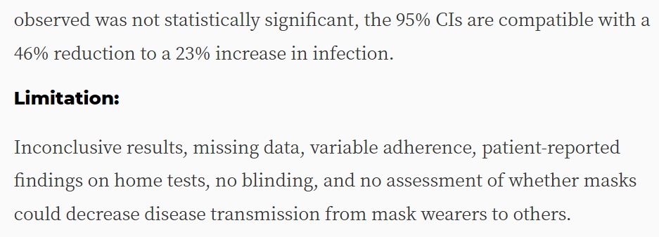 3/ Here's a link to the study, & a screencap of the take-away & of the problems with the study (self-reporting!!! ). So the results were all over the place, "compatible with a 46% reduction to a 23% increase in [ #COVID19] infection".  https://www.acpjournals.org/doi/10.7326/M20-6817