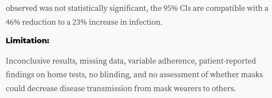 3/ Here's a link to the study, & a screencap of the take-away & of the problems with the study (self-reporting!!! ). So the results were all over the place, "compatible with a 46% reduction to a 23% increase in [ #COVID19] infection".  https://www.acpjournals.org/doi/10.7326/M20-6817