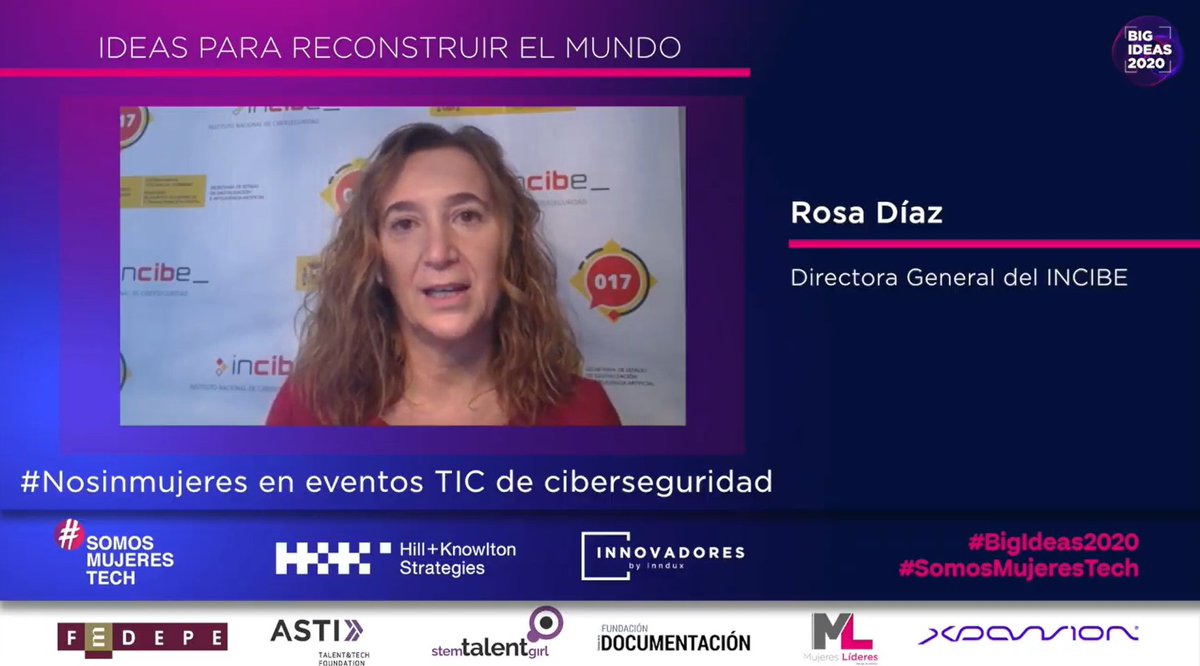 .@rdiazmoles, Directora General de @INCIBE, nos presenta su idea llamada "#Nosinmujeres en eventos TIC de ciberseguridad" #WAreinCyber
#BigIdeas2020 #SomosMujeresTech https://t.co/DwK6D2boCs