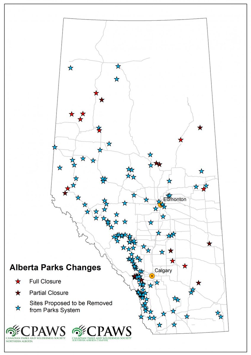 From one end of the province to the other. North, south, east, west: everywhere gets cut.An extraordinary, unforgiveable dismantling of our natural heritage. 3/15  #ableg  #abparks  @cpaws