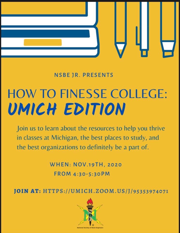 The last NSBE Jr. event of the semester is tomorrow!! Come talk to these students about your journey at Umich and tips on how to thrive!! We hope to see you there 🤩!