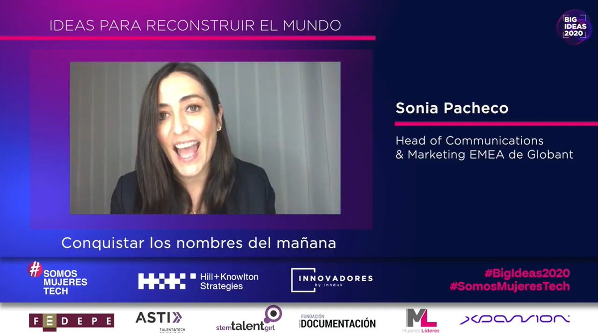 .@sonia_pacheco, Head of Communications & Marketing EMEA de @Globant, nos habla sobre su idea relacionada con conquistar los nombres delfuturo.
#BigIdeas2020 #SomosMujeresTech https://t.co/j22UCsNlLr