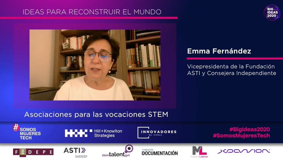 .@EmmaFdezA, Vicepresidenta de la Fundación ASTI y Consejera Independiente, presenta su idea relacionada con las asociaciones para las vocaciones STEM.
#BigIdeas2020 #SomosMujeresTech https://t.co/FTo6DykrBa
