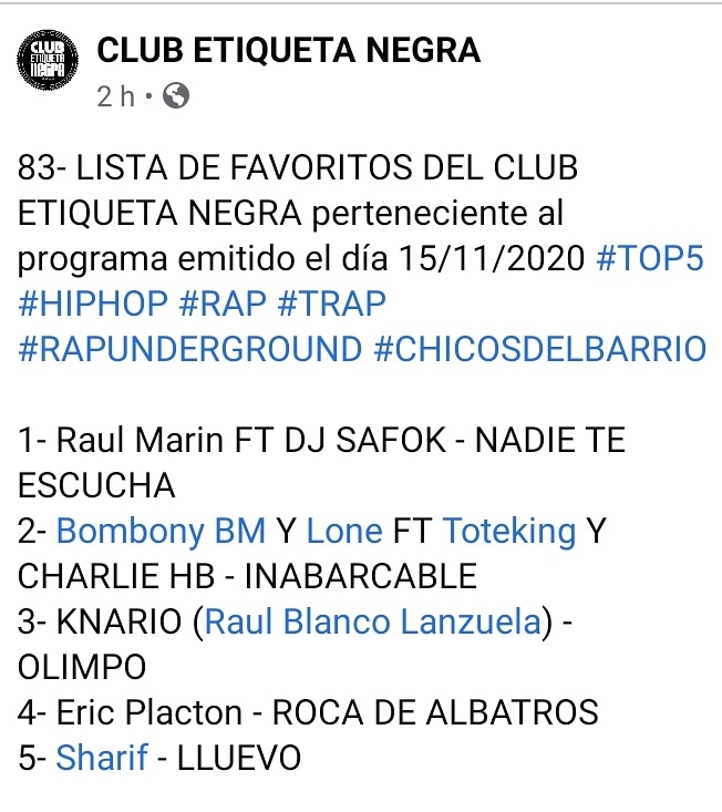 c_etiquetanegra's tweet photo. Lista de favoritos del club del último programa.
Con gente como @SharifFernandez #ericplacton #knario @bombonymontana @lonezgz @ToteKingOficial #charliehb @Marin_lajnostra 
Descarga, escucha y comparte. Apoya al Club Etiqueta Negra.
https://t.co/YIPJccdkRz https://t.co/1Vgqpvqw3E