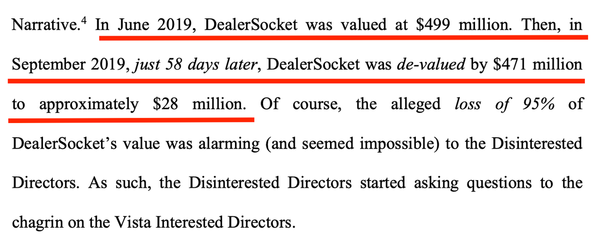 In lawsuits, Vista has been accused of egregiously mismarking assets. For example, in 2014 Vista invested in DealerSocket at a $387 valuation.In June 2019 Vista marked up the investment to $499 million and just *two months* later marked the investment down 95% to $28 million.