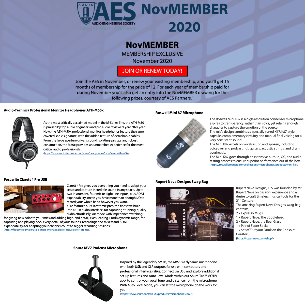 AESorg's tweet photo. Through 11/30, new and renewing AES members can 15 months of membership for the price of 12 - Enter to Win Gear and Swag from AES Partners Audio-Technica, Focusrite, Roswell, Rupert Neve Designs and Shure

https://t.co/HNxPkULHIn

#AESorg #proaudio #audioengineer #NovMEMBER https://t.co/OIBbG31zGm