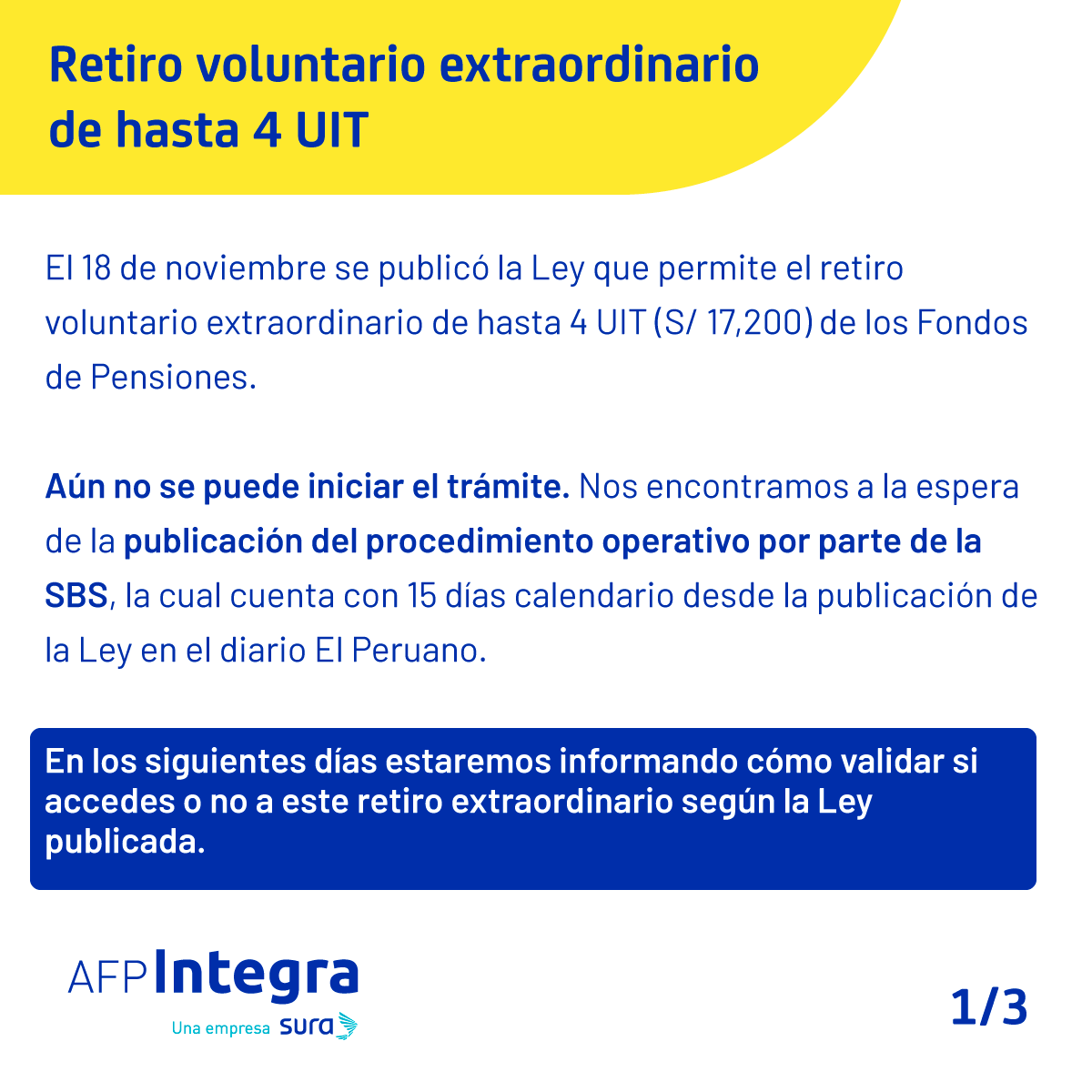 AFP_Integra's tweet photo. #IntegraResponde Sobre el retiro de hasta 4 UIT: nos encontramos a la espera del procedimiento operativo por parte de la SBS. Te mantendremos informado sobre los pasos a seguir y la fecha de inicio del trámite. https://t.co/KNP6WJiKiO