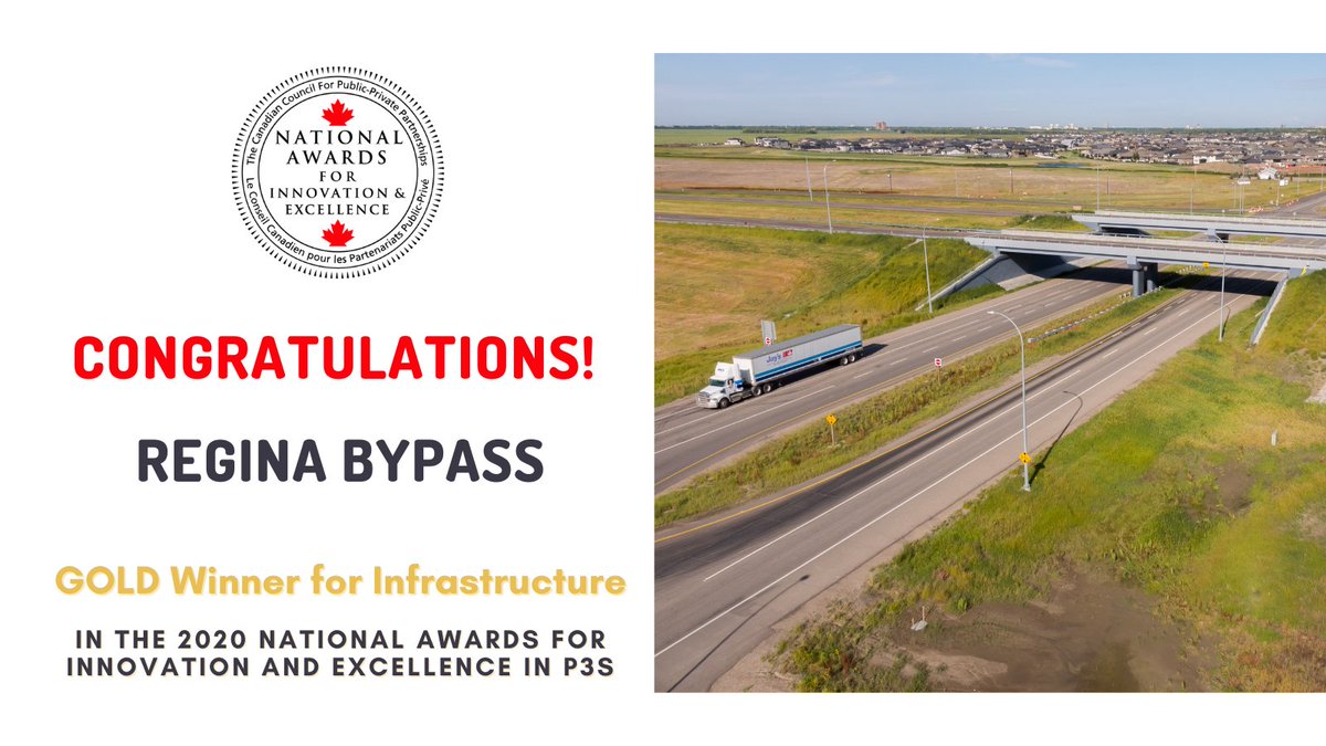 pppcouncil's tweet photo. Opened in 2019, the @reginabypass is the biggest #transportation #infrastructure project in #Saskatchewan history and its single largest job creator. Today, it's also a gold award winner in the 2020 National Awards for Innovation &amp; Excellence in #P3s! Congratulations! #saskpoli https://t.co/rV9yT84RwQ