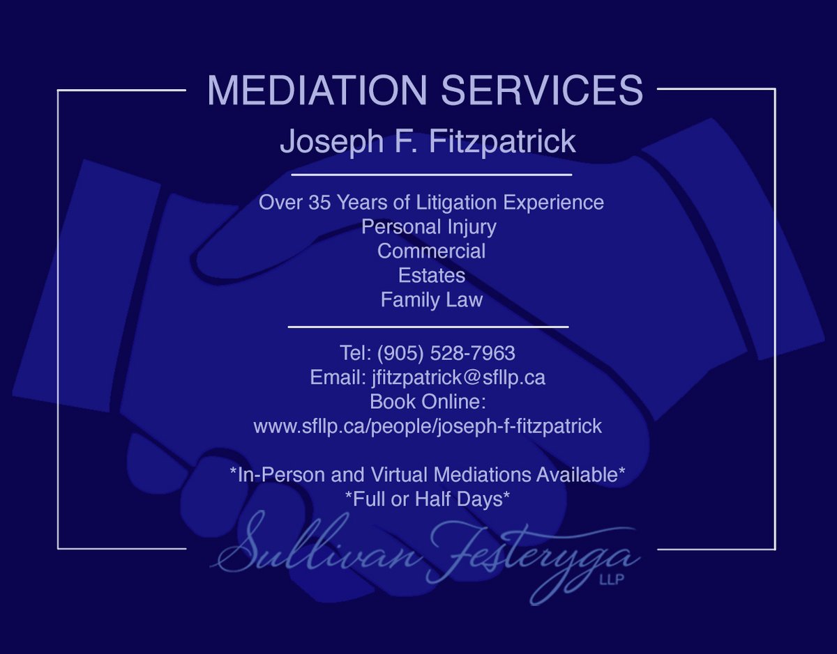 SF_LLP's tweet photo. ⚖️If you require #Mediation services, our Partner, Joe Fitzpatrick has the training, background and skills to assist in any mediation. Able to provide mediation dates on fairly short notice, can travel beyond #Hamilton and offers #virtual mediations.📲 #GTA #lawyers #law https://t.co/zjpy4jiMTx