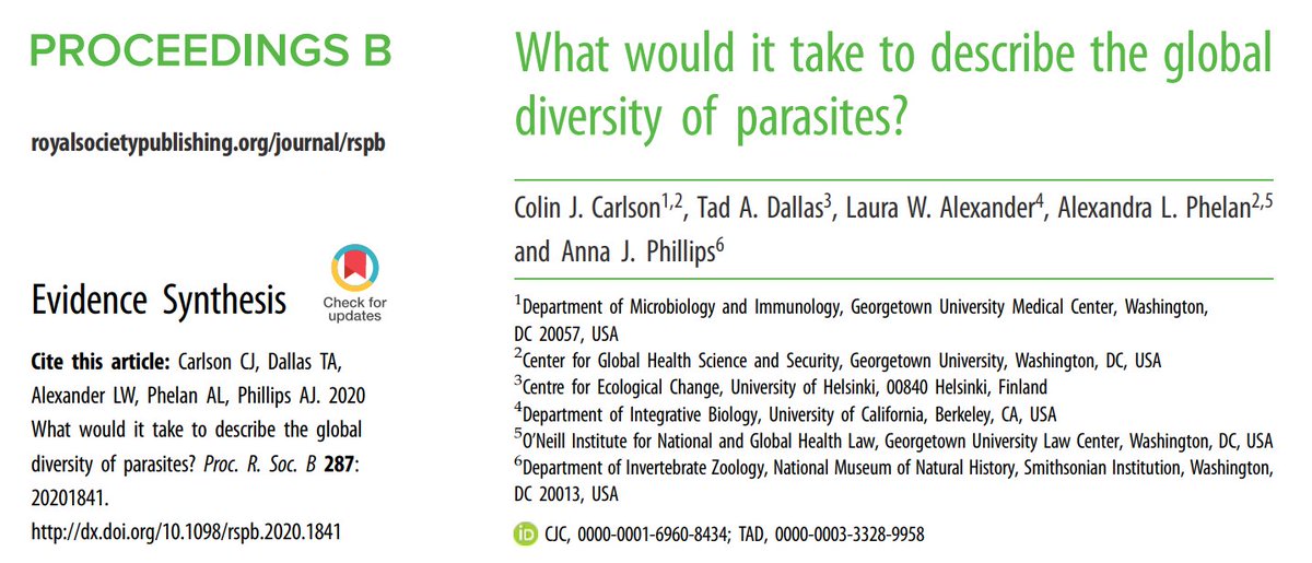 NEWOur paper exploring the scale of global parasite diversity is out in Proceedings B. It has a bit of everything: parasitology, biodiversity, the Smithsonian, new math, international law, and even a well-disguised fairy tale. Got a second for a story?  https://royalsocietypublishing.org/doi/10.1098/rspb.2020.1841