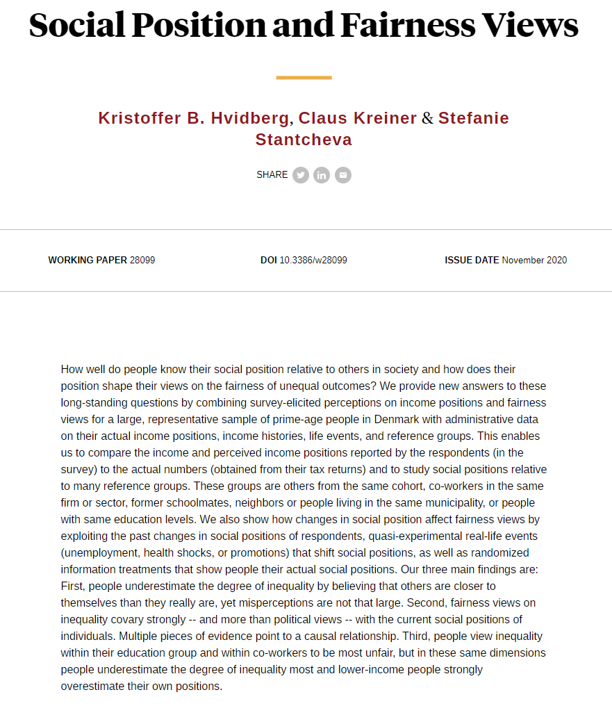 Danish data show that people underestimate the degree of inequality by believing that others are closer to themselves than they really are, and social rank shapes their views ion fairness, from <a href="/KBHvidberg/">Kristoffer Hvidberg</a>, <a href="/okoctk/">Claus Thustrup Kreiner</a>, and <a href="/S_Stantcheva/">Stefanie Stantcheva</a> nber.org/papers/w28099