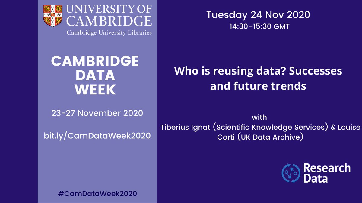 CamOpenData's tweet photo. Are you interested in data reuse? Then join us today for the second session of #CamDataWeek2020 (14.30-15.30 GMT) “Who is reusing data? Successes and future trends” featuring @TiberiusIgnat & Louise Corti @UKDataArchive. Info: https://t.co/oPGNsLMUgu #RDM #datachampcam @theUL https://t.co/ml7RCTQXc0