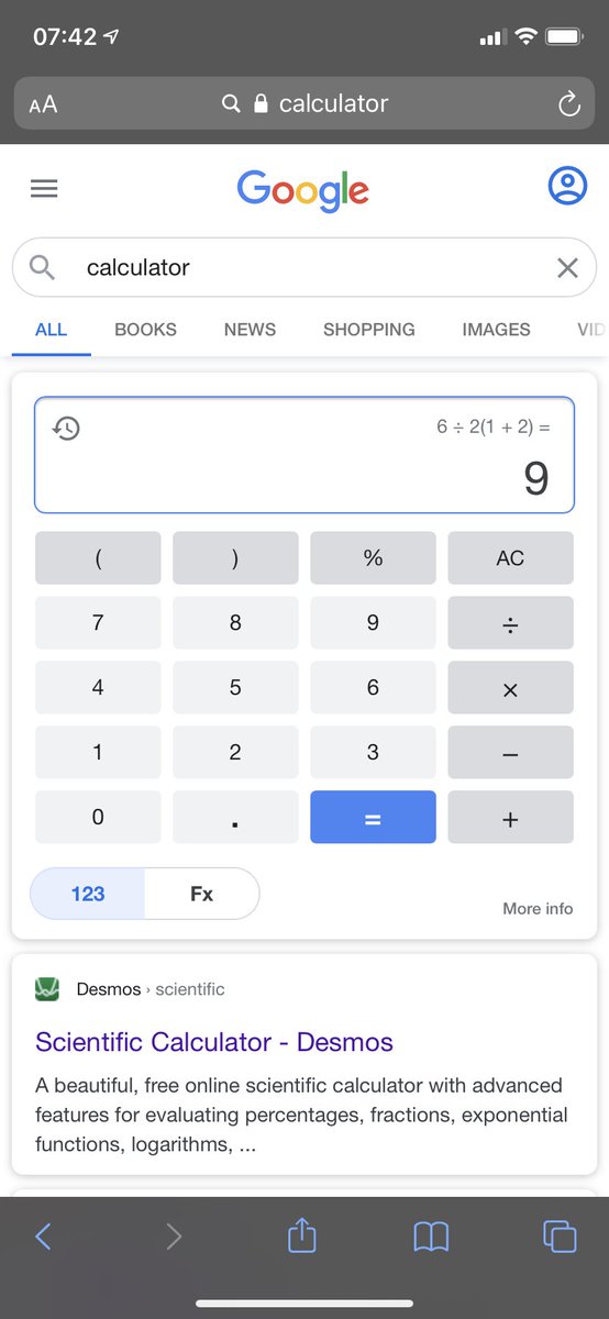 MitchTheGinger's tweet photo. @deechicken @Scotchardson @dmmw01 @Know I have yet to find a calculator that gives the answer as 1. https://t.co/phuebHDHGo