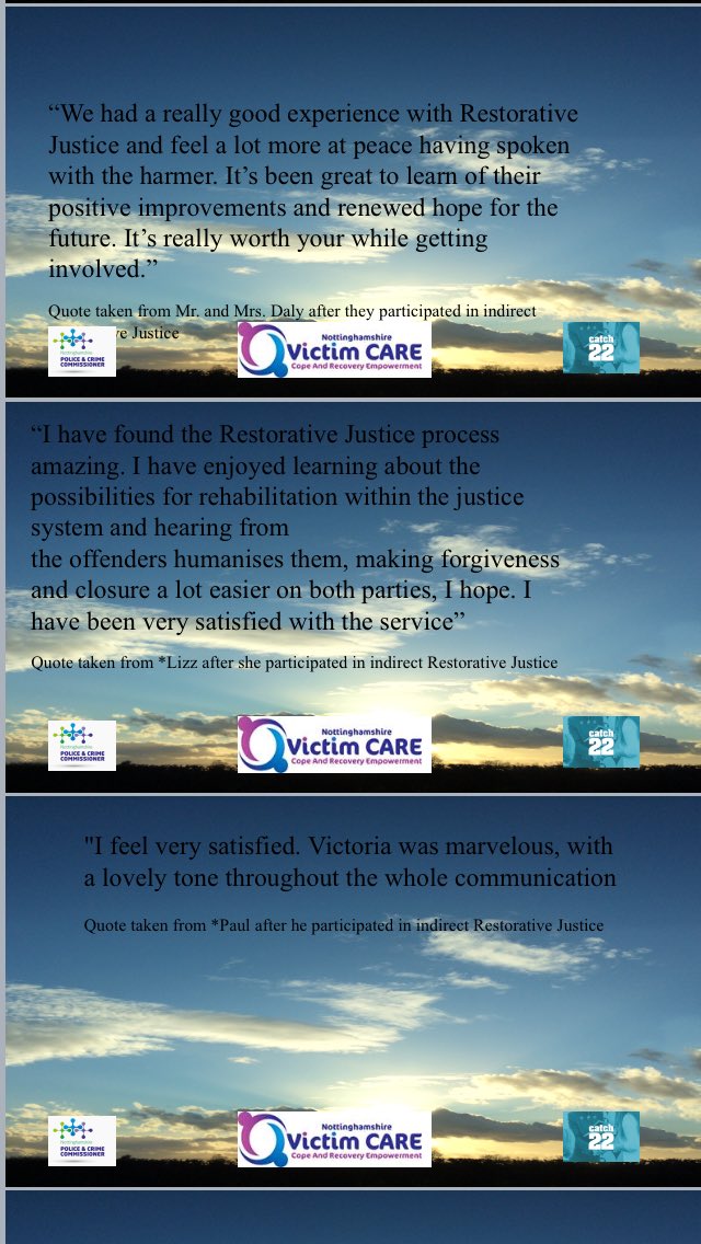 RJVCNotts's tweet photo. I wanted to share this with you. Quotes taken from a couple who took part in an ‘harmer’ initiated RJ, I had the pleasure to be part of @NottsVictimCARE @NottsPCC @AssocPCCs @EuForumRJ @RJCouncil @VictimsComm @MoJGovUK @Catch22 @CharleyCrowther @Arti9Mohan @peterwoolf57 https://t.co/I8CwDEVoZK