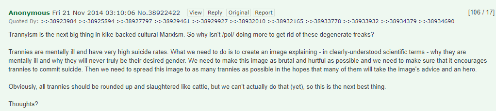 Cw: Suicide/transphobia.This is an opening post on a thread from 4chan.These goals listed below are not 'gender-critical', they are not 'pro-women'.They are vile, abusive, malignant, insidious, sub-human raw-hatred.It suggests a campaign.2/