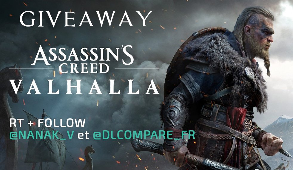 NanaK_V's tweet photo. ⚡️GIVEAWAY #AssassinsCreedValhalla 

Une clé du jeu à gagner

Participer :
💚Follow @NanaK_V &amp; @dlcompare_fr 
🔁RT ce tweet

Bonne chance !
TAS 25/11/2020 https://t.co/oqN0snZU9F