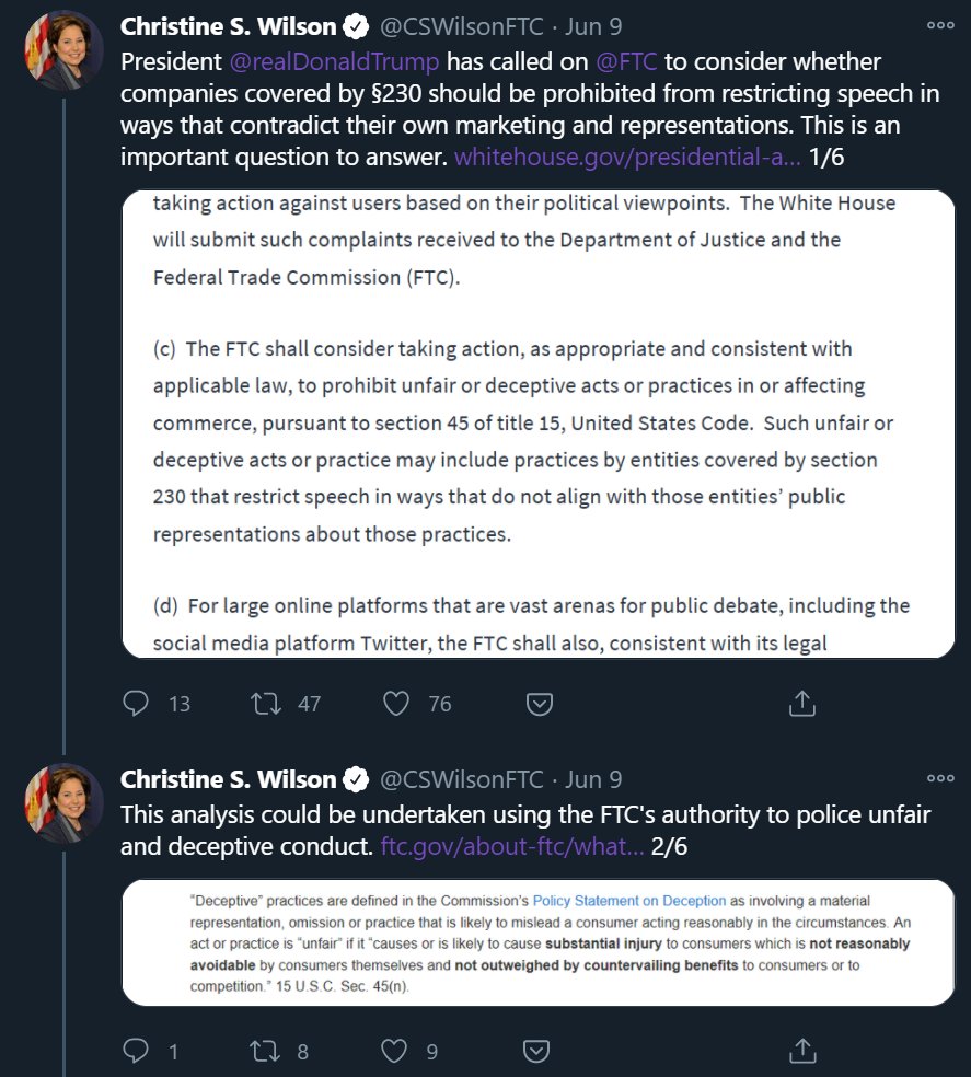 Yet for months,  @CSWilsonFTC has cheered on the White House's demands to rewrite  #Section230, starting with this June thread, which argued that the FTC could use its consumer protection power to police political bias in content moderation No, it can't