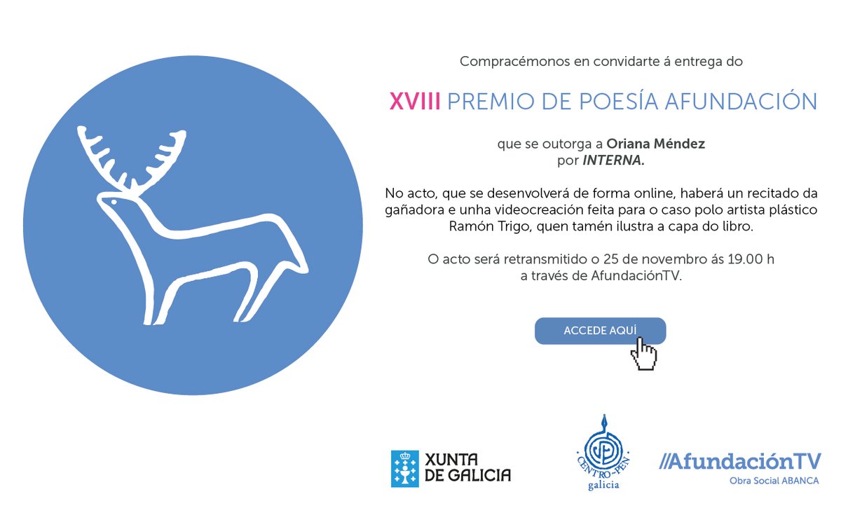 O vindeiro 25 de novembro, ás 19:00 h, terá lugar o acto de entrega do XVIII Premio de Poesía <a href="/Afundacion_org/">Afundación</a>. 
Podes seguir a retransmisión en directo a través de #AfundacionTV neste enlace:   afundacion.org/es/afundaciont…
<a href="/Oriana_Mendez_/">Oriana Méndez</a> <a href="/alorenzo64/">Anxo M. Lorenzo</a> <a href="/CulturaXunta/">Cultura de Galicia</a> <a href="/LuisGTosar/">fєѕтα ∂α ραℓαвяα</a> <a href="/xacast/">Xabier Castro</a>