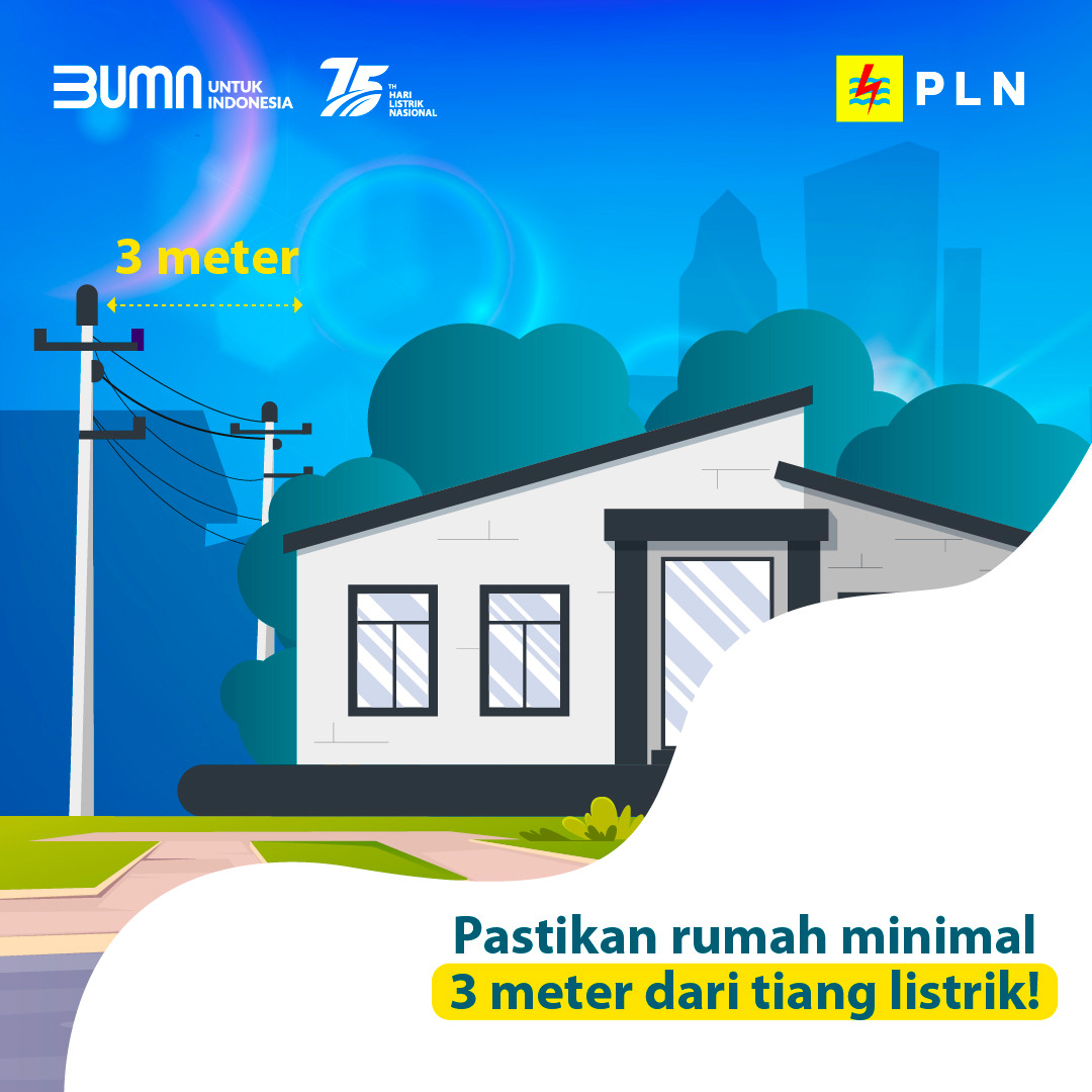 Masih ingat jarak aman dari tiang listrik, Electrizen? Jawabannya minimal 3 meter! Jarak ini berlaku untuk bangunan, pohon, serta Electrizen sendiri. Selain melindungi rumah Electrizen, jarak ini juga meminimalisasi gangguan jaringan listrik karena halangan pohon, bangunan, dsb