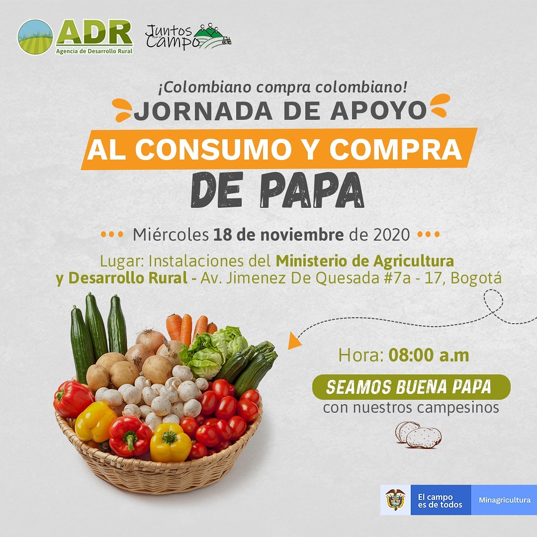 MinAgricultura's tweet photo. Apoyemos a nuestros productores de papa del país.

🗓️ Hoy 18 de noviembre te esperamos en las instalaciones del @MinAgricultura para decir #YoComproPapaColombiana 🥔👩‍🌾
 
#JuntosPorElCampo trabajamos con @ADR_Colombia
#SoyBuenaPapa https://t.co/bqIPFQeoBF