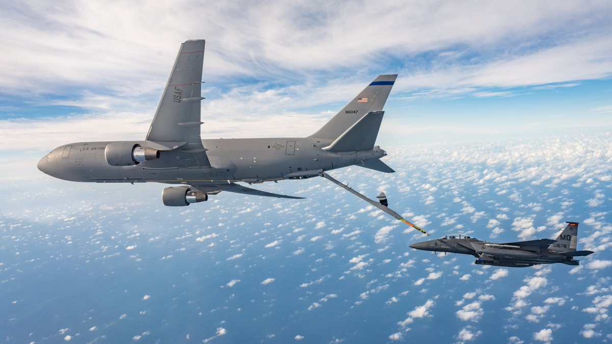 A <a href="/usairforce/">U.S. Air Force</a> KC-46A Pegasus refuels an F-15E Strike Eagle during Checkered Flag 21-1, at <a href="/TeamTyndall/">Tyndall AFB</a>, Florida. #TogetherWeDeliver <a href="/AirMobilityCmd/">Air Mobility Command</a> <a href="/366FW/">Mountain Home Air Force Base</a> @USAF_ACC <a href="/Combat_Journal/">Combat Aircraft Journal</a> #NKAWTG