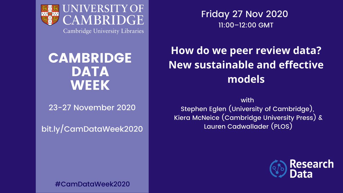 CamOpenData's tweet photo. Today’s live panel discussion (11.00–12.00 GMT) “How do we peer review data? New sustainable and effective models” marks the end of the #CamDataWeek2020 with @StephenEglen @Cambridge_Uni, @KieraMcNeice @CUPAcademic & Lauren Cadwallader @PLOS. Info: https://t.co/oPGNsLviRU #RDM https://t.co/Q7zYdL25uQ