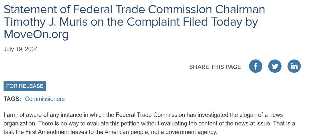 That's why the Republican FTC Chairman refused to pursue complaints that Fox News wasn't delivering on its promise to be "Fair & Balanced": because that would require assessing Fox's content (non-commercial speech), not just its marketing claims