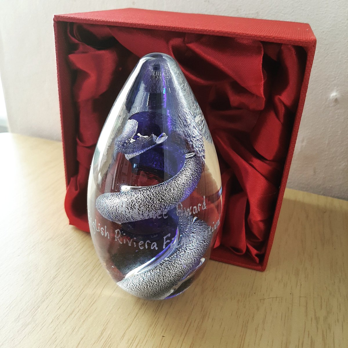 ERFilmFest's tweet photo. The 2020 @ERFilmFest Award made by @CockingtonGlass thanks to @CrispinAssoc @davecrispin for sponsoring this year's awards and Festival Partner @sdcollege @SDCHiTech for supporting the awards day @BoostPositNews #supportcreative #supportfilm @FilmHubSW @networkfhsw @FilmFreeway https://t.co/YkhfOWEBlA