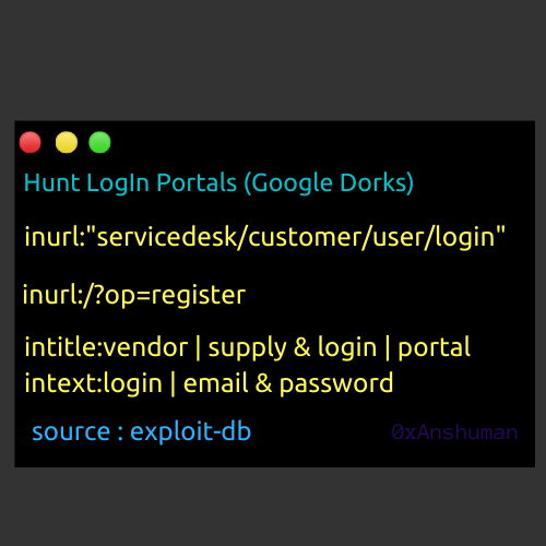 thebitdoodler's tweet photo. Got few effective dorks for hunting login portals. Give a try ;)
Source: GHDB
#googledorks #bugbountytips #bughunting #seconset https://t.co/eiAguwWZlg