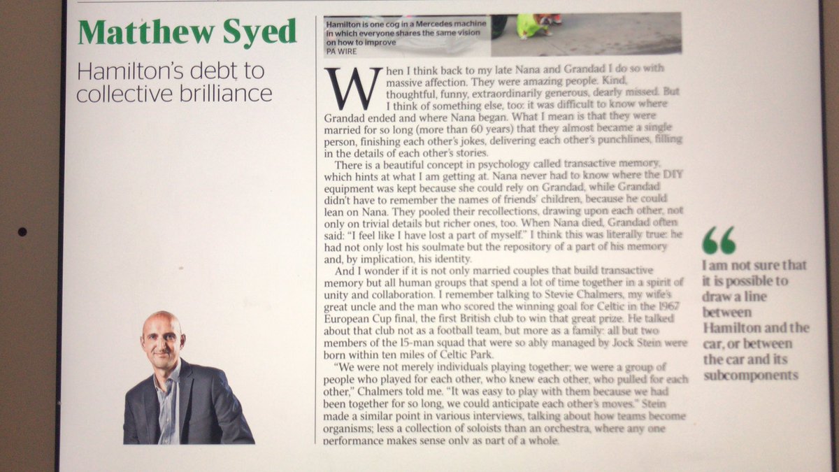 hayesda's tweet photo. Beautiful piece by @matthewsyed in today’s @thetimes looking back to his late Nan and Grandad and #transactiveMemory as a t’up to @LewisHamilton achievements and debt to the collective brilliance of the Team💪 https://t.co/Cqnp1hq8M2