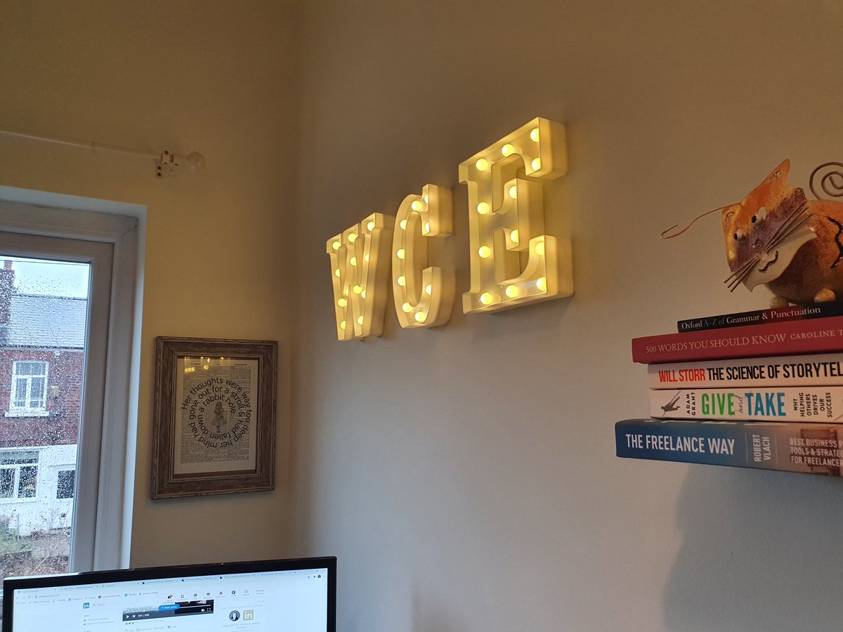 WhiteCatEdit's tweet image. My wall lights cheer up the home office on dreary days like this #rainyday #freelancing #smallthings