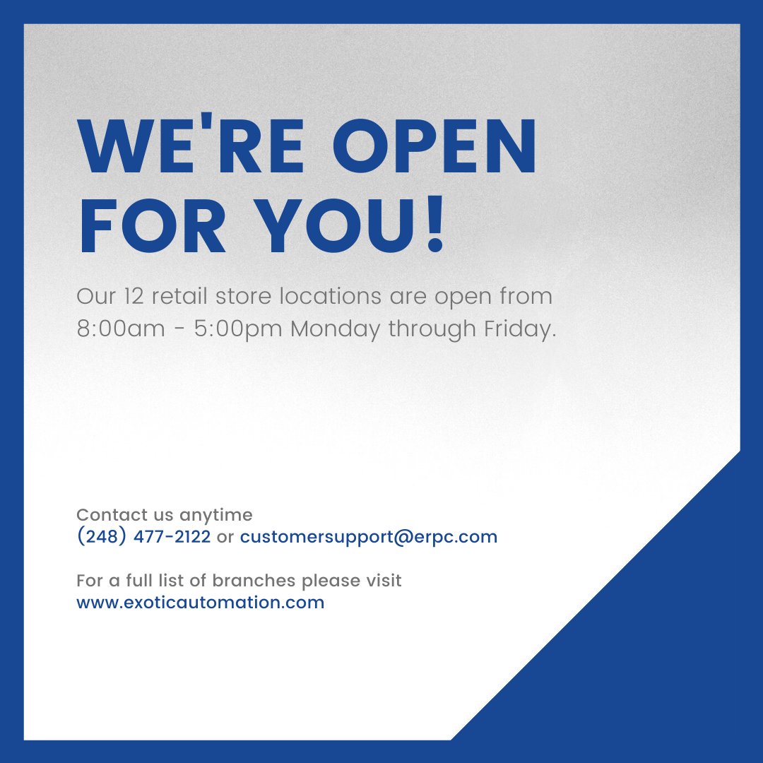 Exotic is open and fully staffed to support you! Stop by one of our 12 ParkerStores for custom hose assemblies, hydraulic &amp; pneumatic components and more. Our customer service staff is working &amp; ready to take your call. Our Account Managers come to you for on-site assistance.