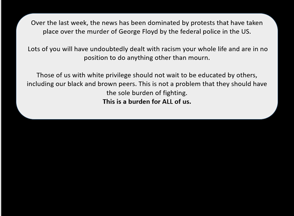 These slides from an assembly were not accompanied by any balancing credible alternative analyses of race relations & racism.(Indeed, from investigation the whole school's approach to racism seems to be politically biased & illegal.)
