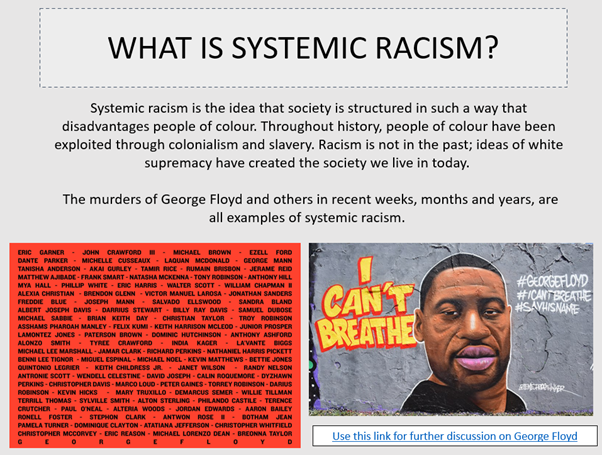 These slides from an assembly were not accompanied by any balancing credible alternative analyses of race relations & racism.(Indeed, from investigation the whole school's approach to racism seems to be politically biased & illegal.)