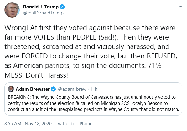 Trump calls Michigan Republicans who initially refused to certify Biden's win "American patriots." He is quite obviously an enemy of democracy.