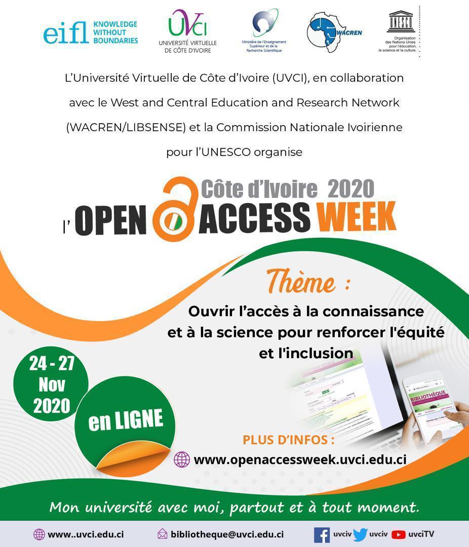 demario713gmail's tweet image. L’Open Access Week 2020 Côte d’Ivoire organisée par l’Université Virtuelle de Côte d’Ivoire se déroulera du 24 au 27 novembre 2020 en collaboration avec le WACREN et l’UNESCO.
Consultez le site openaccessweek.uvci.edu.ci pour vous inscrire et participer à l’ensemble des activités.