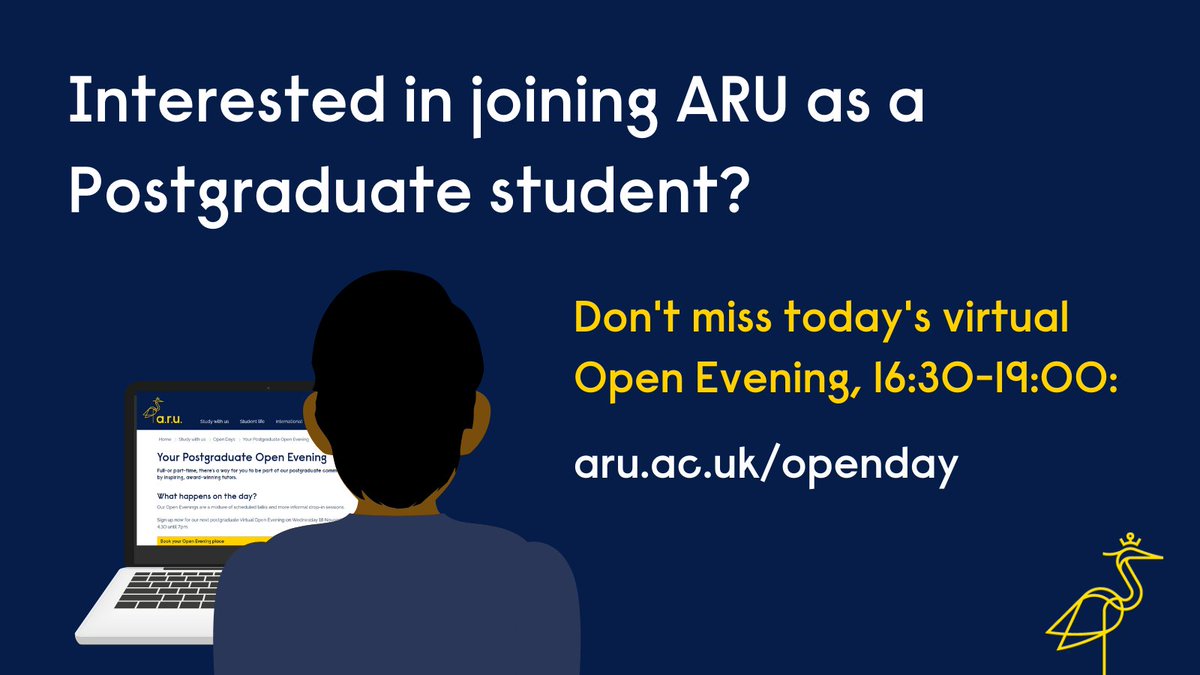 AngliaRuskin's tweet photo. Thinking of applying for postgraduate studies? 

Don't miss today's virtual Open Evening, 16:30-19:00. 

It's not too late to book your place: https://t.co/ViuPMg0FZo 

#GoingToARU @ARU_AHSS @FHEMS_ARU @aru_fse @ARUAlumni @ARU_Business https://t.co/YsUhf7zyb3