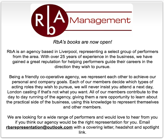 RbA Management's books are open.

#NewClients #BooksOpen #ActorsAgency

rbamanagement.co.uk