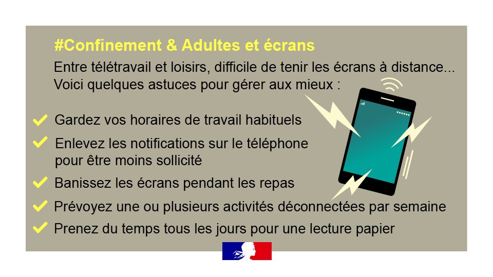 🔴 REDIFF
#confinement2 &amp; Ecrans

La période de confinement est propice à la surconsommation d'écrans 😵📱💻. 
Nécessaires pour le travail, ils sont aussi très utilisés pour s'évader. 
Qq conseils pour trouver l'équilibre sans culpabiliser 🤓

@santeprevention @MinSoliSante
