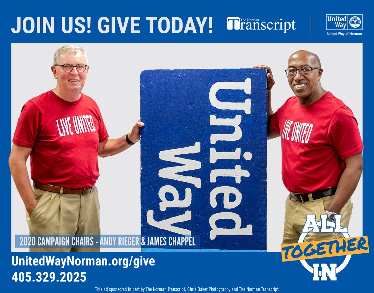 UnitedWayNorman's tweet photo. Did you see the 2020 United Way of Norman Campaign Chairs in today's @NormanNews? Go ALL IN with them and give today at https://t.co/xpP2PfZa0J! #LiveUnitedNorman #AllInTogether https://t.co/C2SX3V54zu