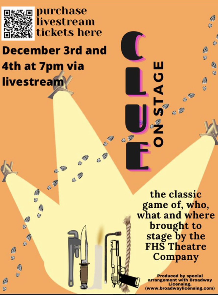 Join us for our production of CLUE at 7pm on December 3rd and 4th. Purchase tickets for our live-streamed production using the QR code below!!