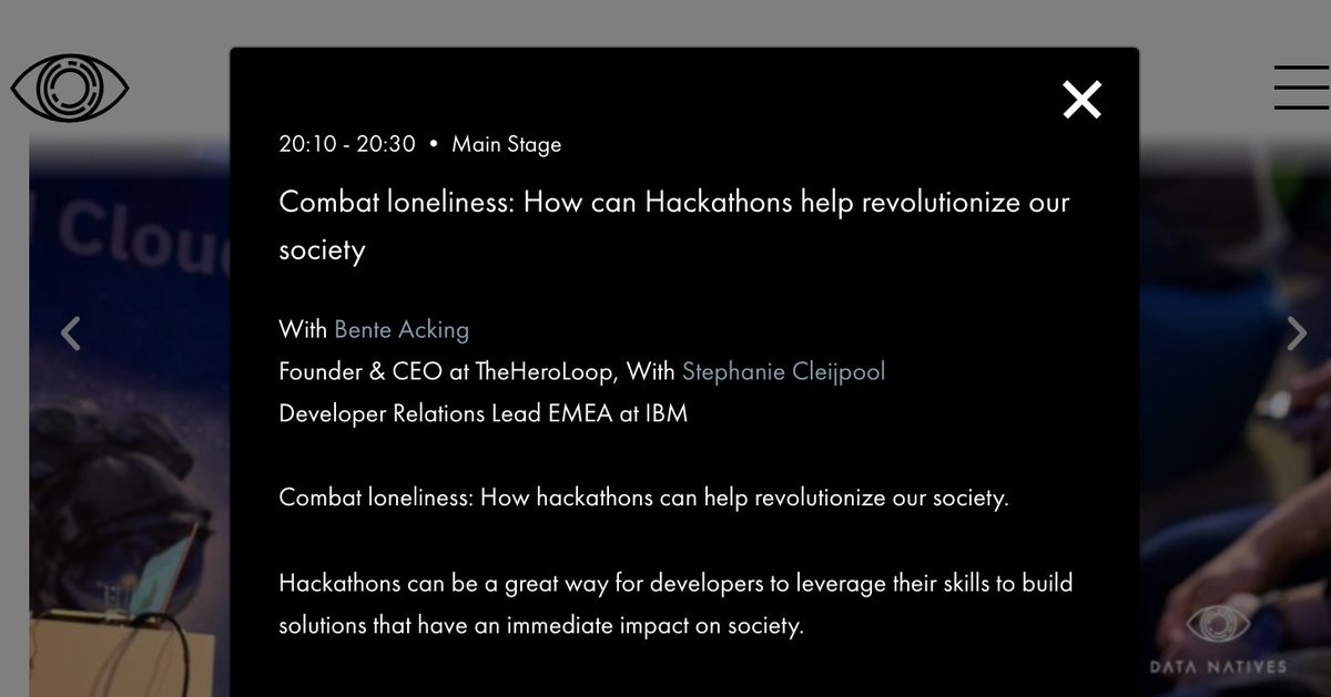 Join me tonight <a href="/DataNativesCon/">Data Natives</a> at 20.10h CET for a Q&amp;A with the <a href="/CallforCode/">Call for Code</a> regional winner Bente Acking from <a href="/TheHeroLoop/">TheHeroLoop</a> . We will stay online for an AMA afterwards. What do you want to ask us? datanatives.io/conference/sch…